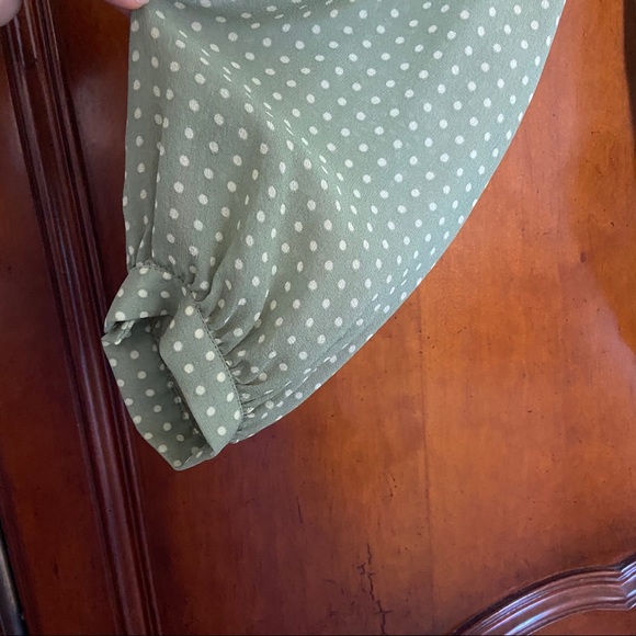 Adèle Fado 100% Silk Sage Green Polka Dot Blouse with Pleated Tie Neck - Picture 5 of 9